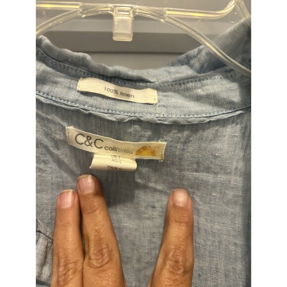 Cynthia Rowley Blue Linen Top Sz Large Short Sleeve Ruffle Peplum Henley Collar - Picture 3 of 5